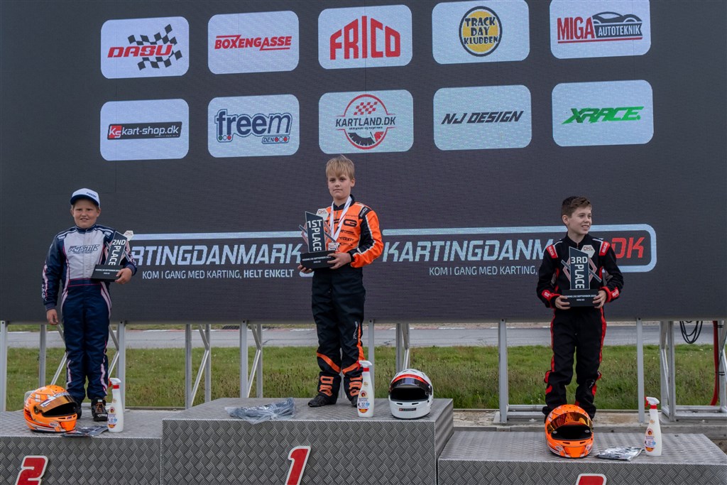 Zacharias Svanholm vandt Mini60 foran Lukas Sørensen og Aksel Hvass.
(Foto: Danish Karting League)